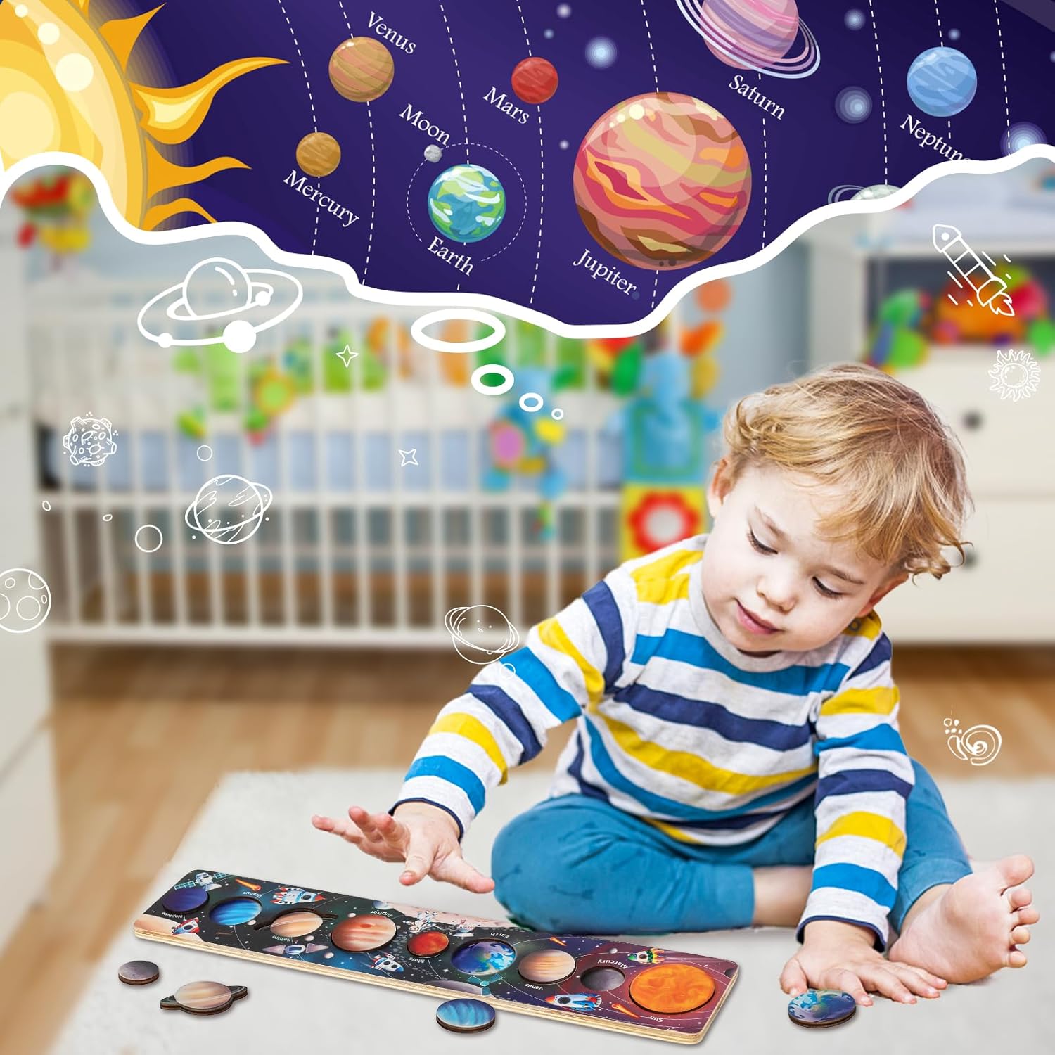 Children Wooden Space Planet P - Montessori Shelf Toy ulasan dan harga