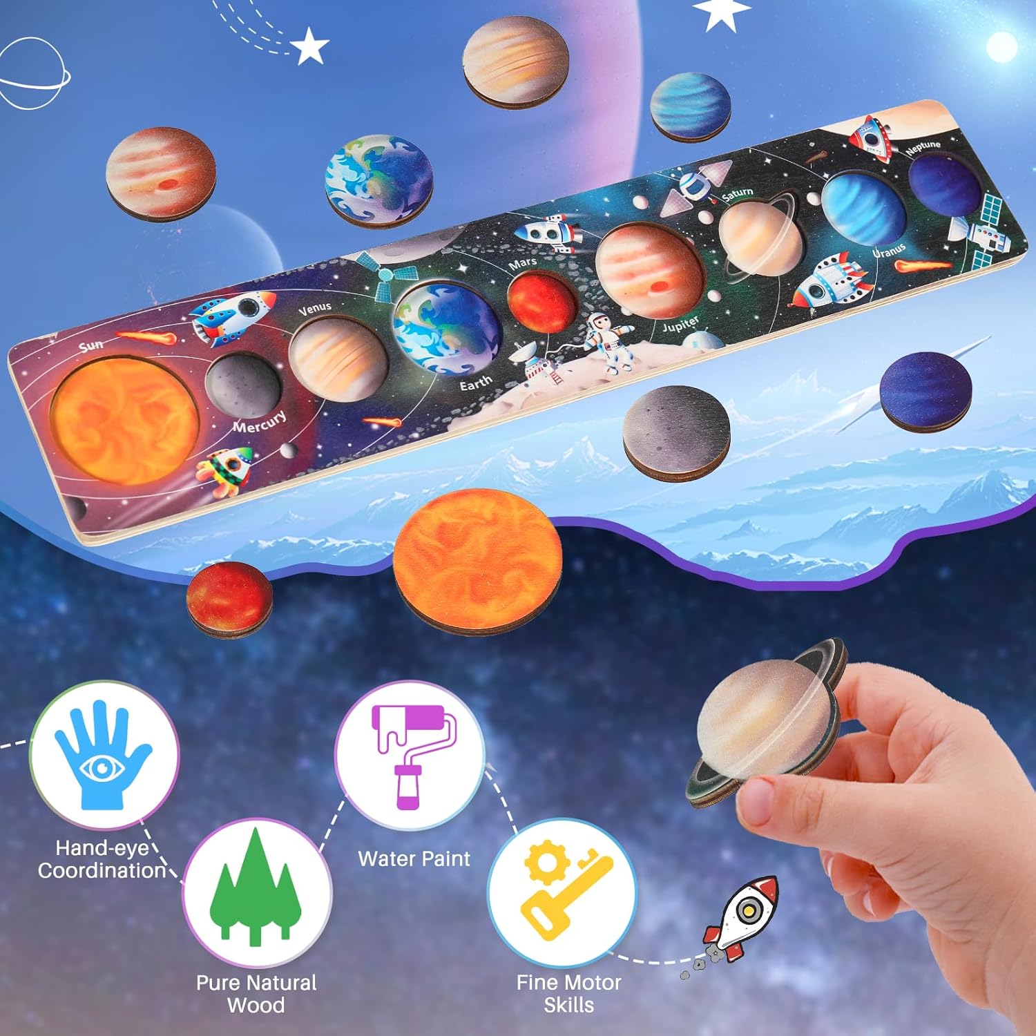 Children Wooden Space Planet P - Montessori Shelf Toy ulasan dan harga